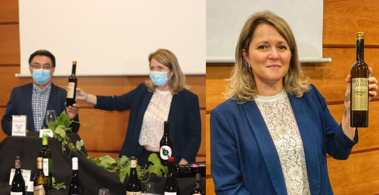Alicia Vanoostende con el vino ganador